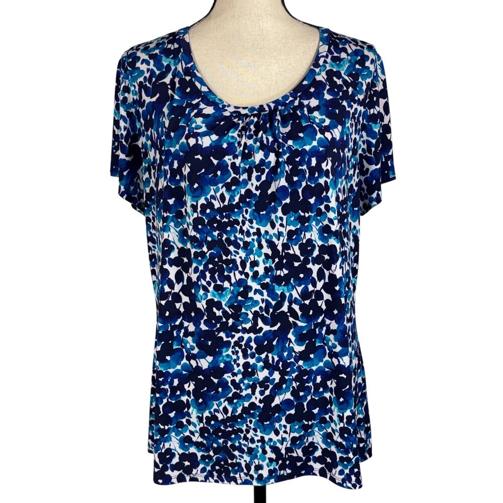Worthington X-Large Top Floral Stretch Cap Sleeve Pleated Round Neck Blue Multi
